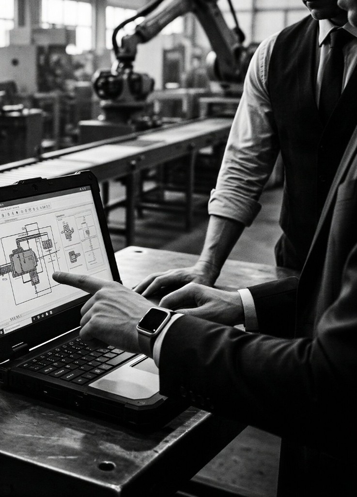 Engineer reviewing technical plans in production environment