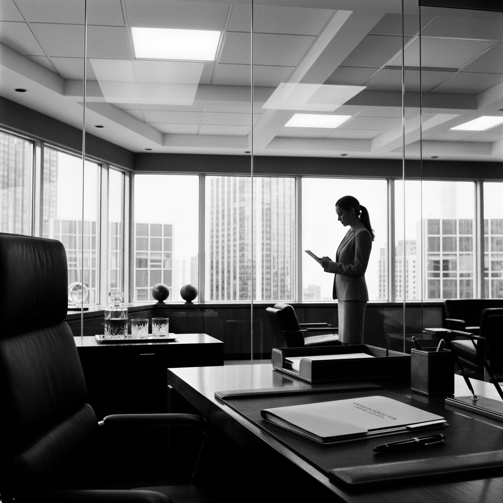 Modern office meeting room with a consultant reviewing project details