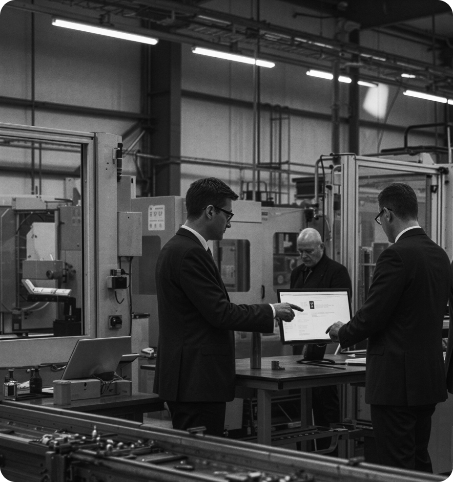 Engineers reviewing technical data in an industrial facility
