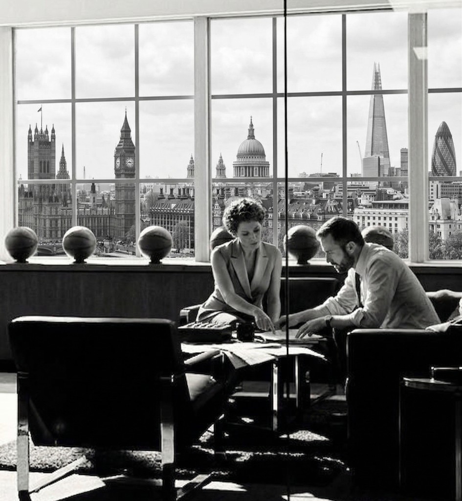 Engineering discussion in front of city view